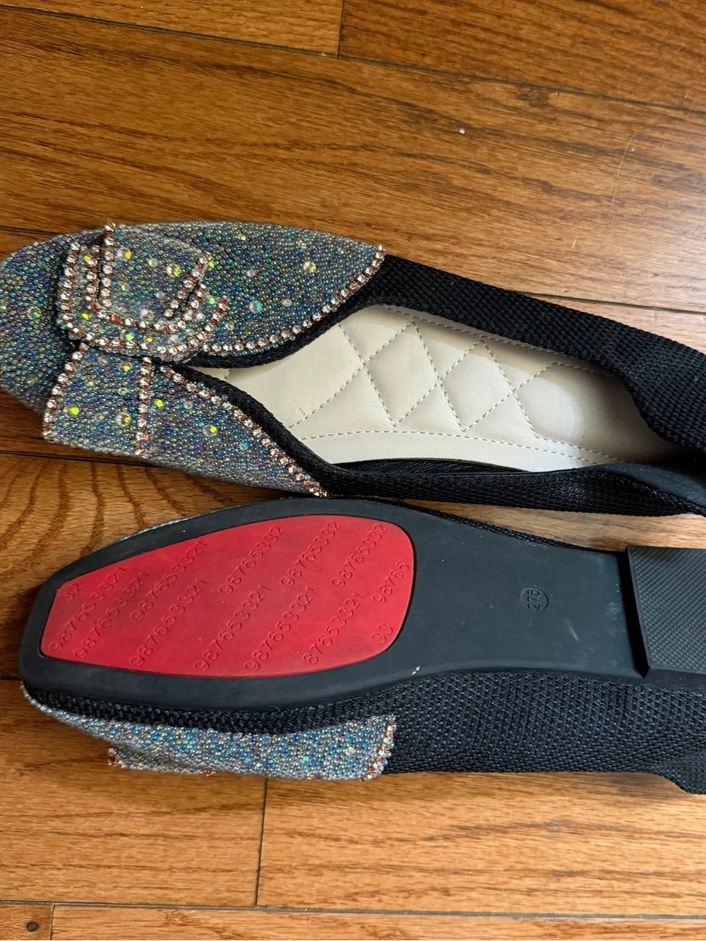 Amazon Black Slip-On Flats with Iridescent Crystal Bow